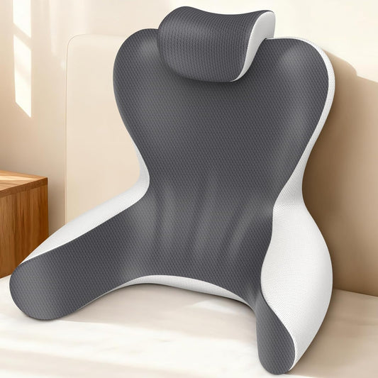 Bourkimi Queen Size Memory Foam Reading Pillow with Detachable Neck Roll, Bed Rest Back Support Pillow with Arms, Grey & White