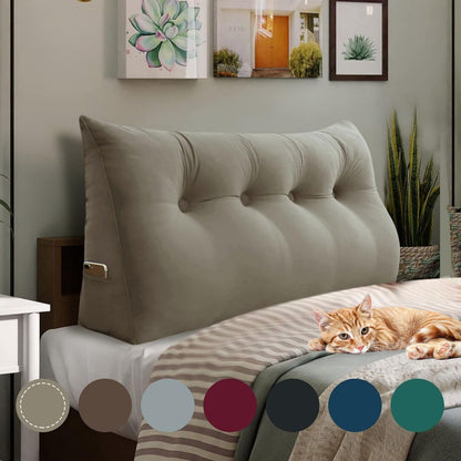 Bourkimi Queen Size Wedge Headboard Pillow with Side Pockets, Velvet Back Support Reading Pillow with Removable Washable Cover