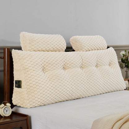 Bourkimi Queen Size Wedge Headboard Pillow Set with 2 Roll Pillows, Velvet Back Support Reading Pillow with Removable Washable Cover