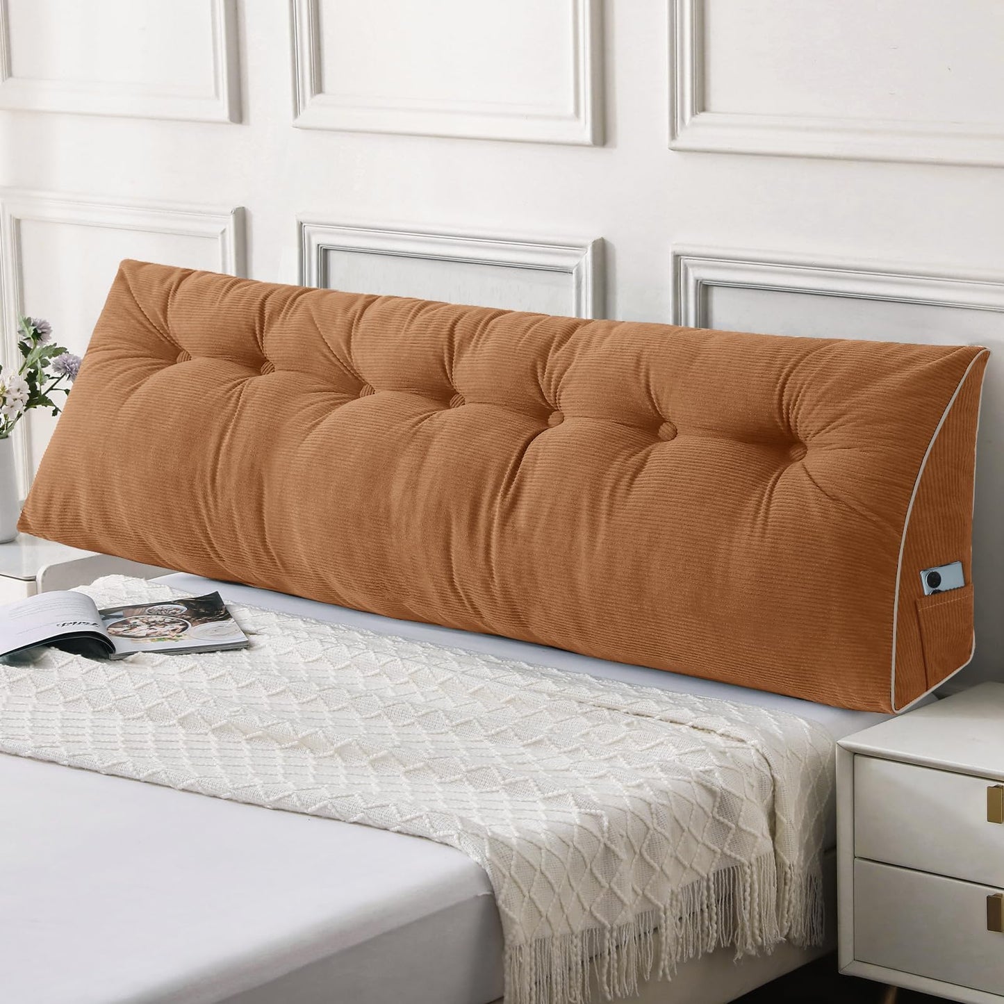 Bourkimi Queen Size Wedge Headboard Pillow Set with 2 Bolster Pillows, Velvet Back Support Reading Pillow with Removable Washable Cover