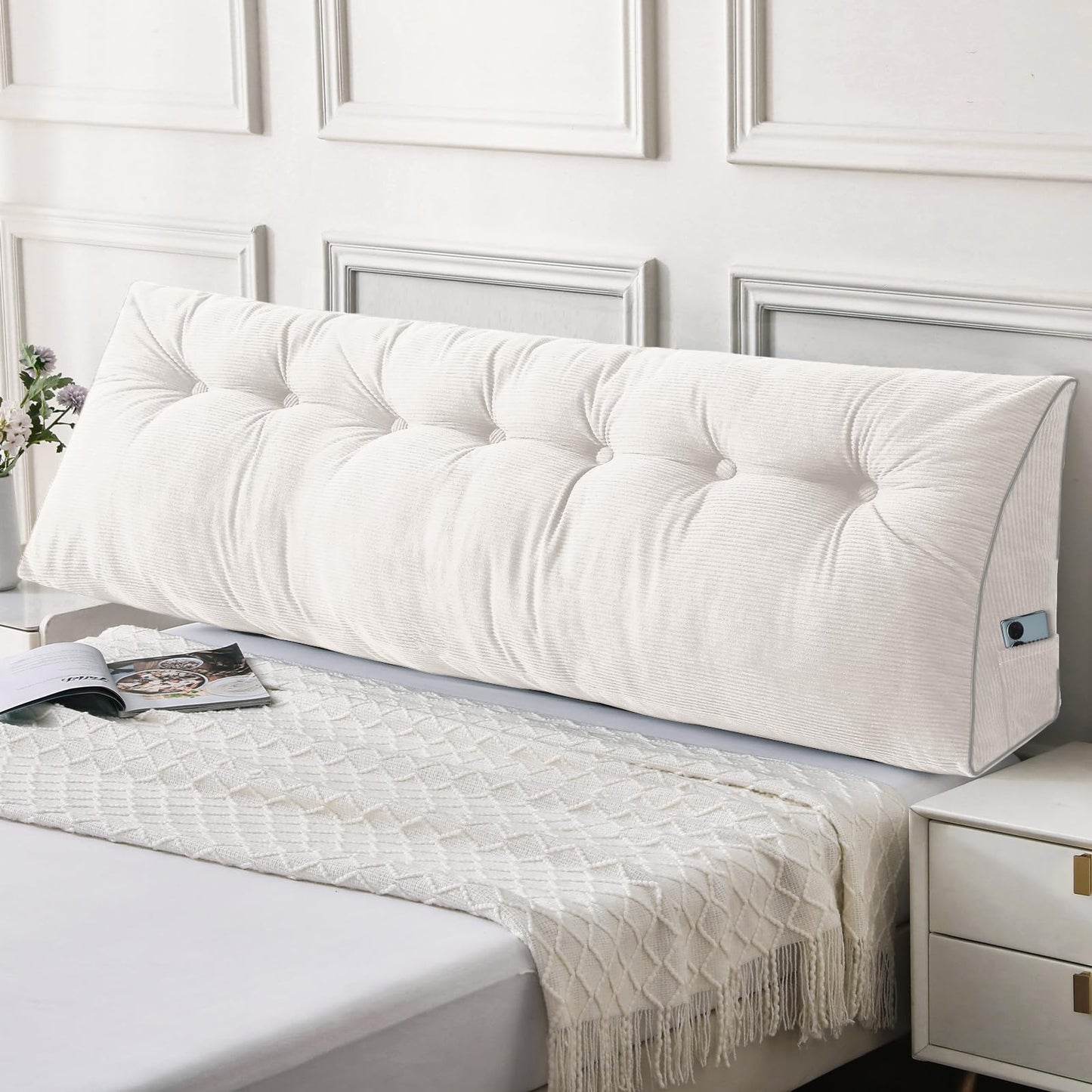 Bourkimi Queen Size Wedge Headboard Pillow Set with 2 Bolster Pillows, Velvet Back Support Reading Pillow with Removable Washable Cover
