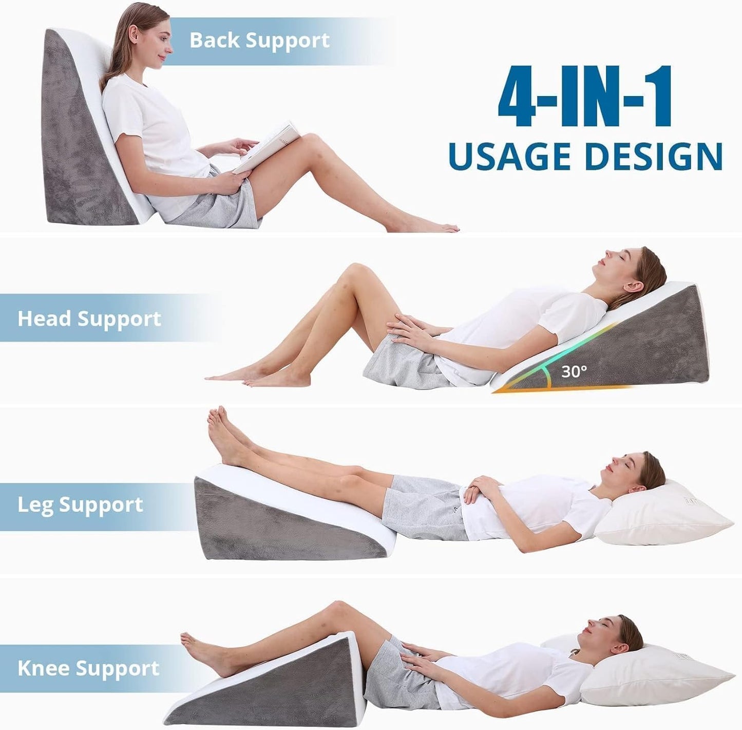 Bourkimi 24-Inch Memory Foam Bed Wedge Pillow with 30-Degree Incline, Ergonomic Back and Leg Support Pillow with Washable Cover