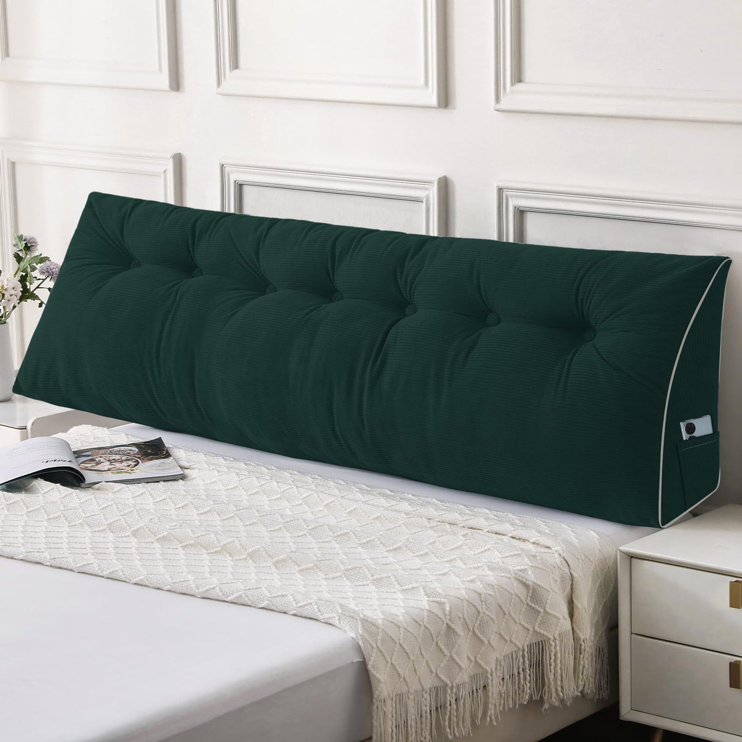 Bourkimi Queen Size Wedge Headboard Pillow Set with 2 Bolster Pillows, Velvet Back Support Reading Pillow with Removable Washable Cover