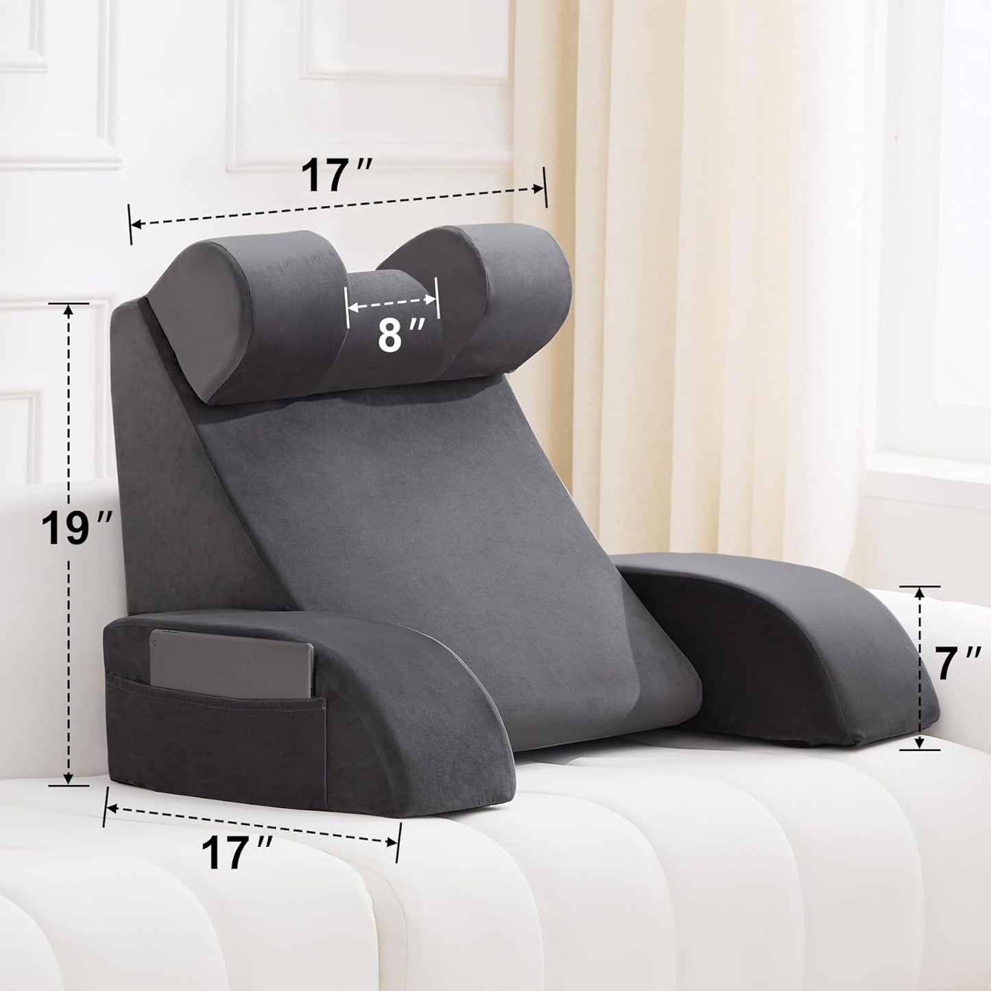 Bourkimi Medium Foam Reading Pillow with Detachable Arms and Headrest, Bed Rest Back Support Pillow with Side Pockets