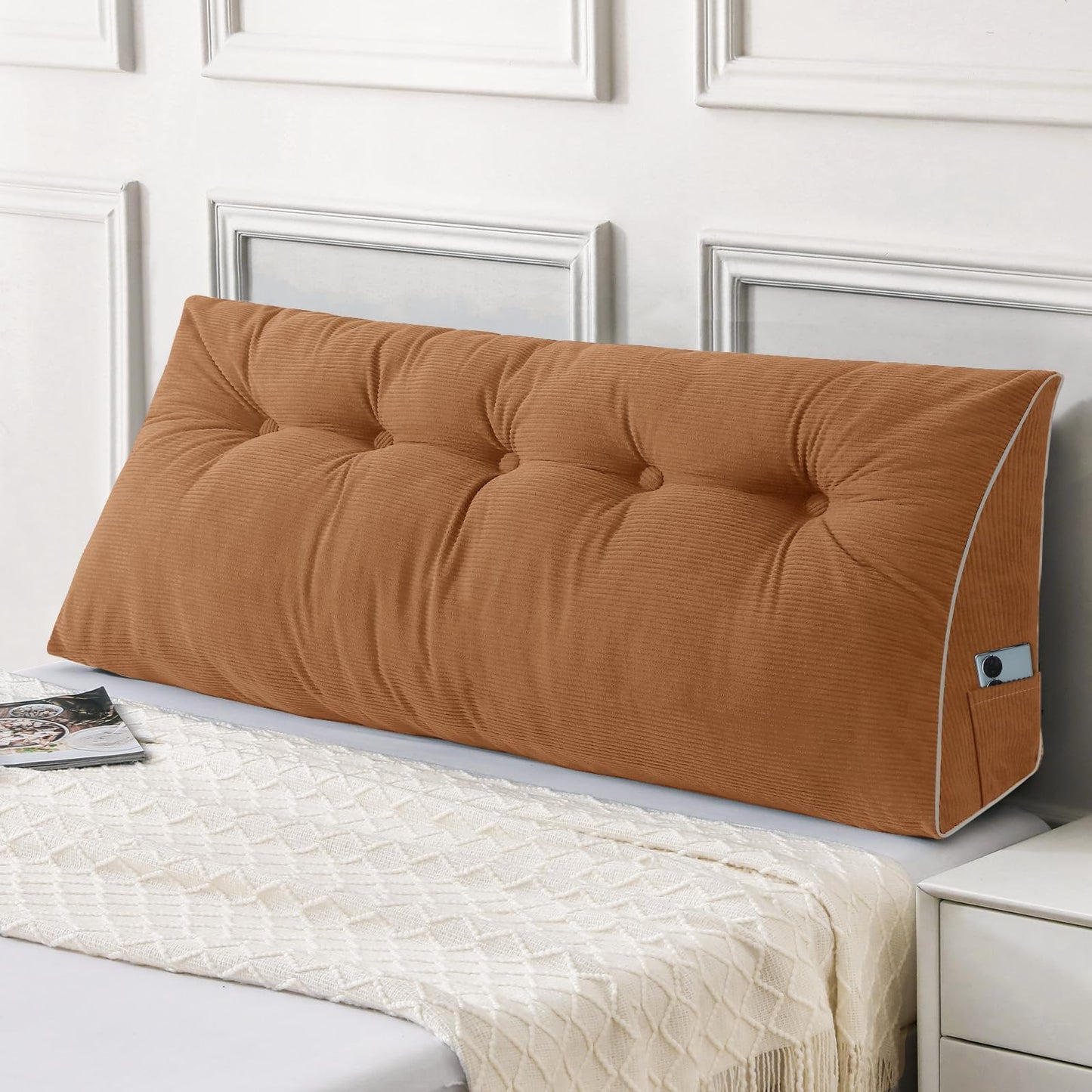 Bourkimi Queen Size Wedge Headboard Pillow Set with 2 Bolster Pillows, Velvet Back Support Reading Pillow with Removable Washable Cover