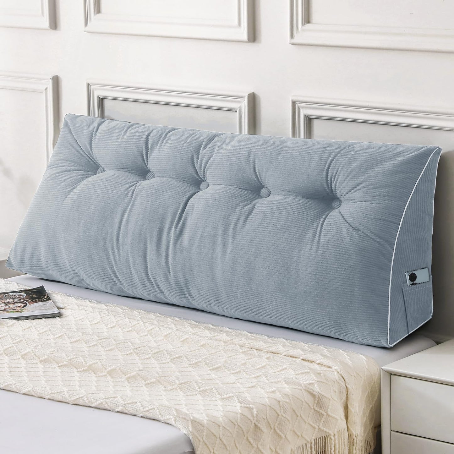 Bourkimi Queen Size Wedge Headboard Pillow Set with 2 Bolster Pillows, Velvet Back Support Reading Pillow with Removable Washable Cover