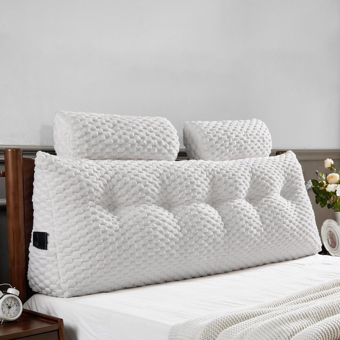 Bourkimi Queen Size Wedge Headboard Pillow Set with 2 Roll Pillows, Velvet Back Support Reading Pillow with Removable Washable Cover