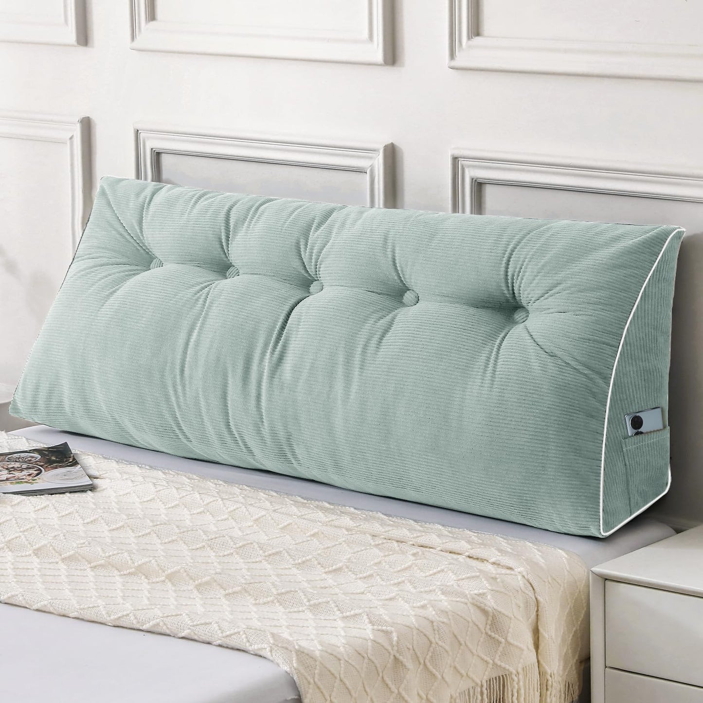Bourkimi Queen Size Wedge Headboard Pillow Set with 2 Bolster Pillows, Velvet Back Support Reading Pillow with Removable Washable Cover