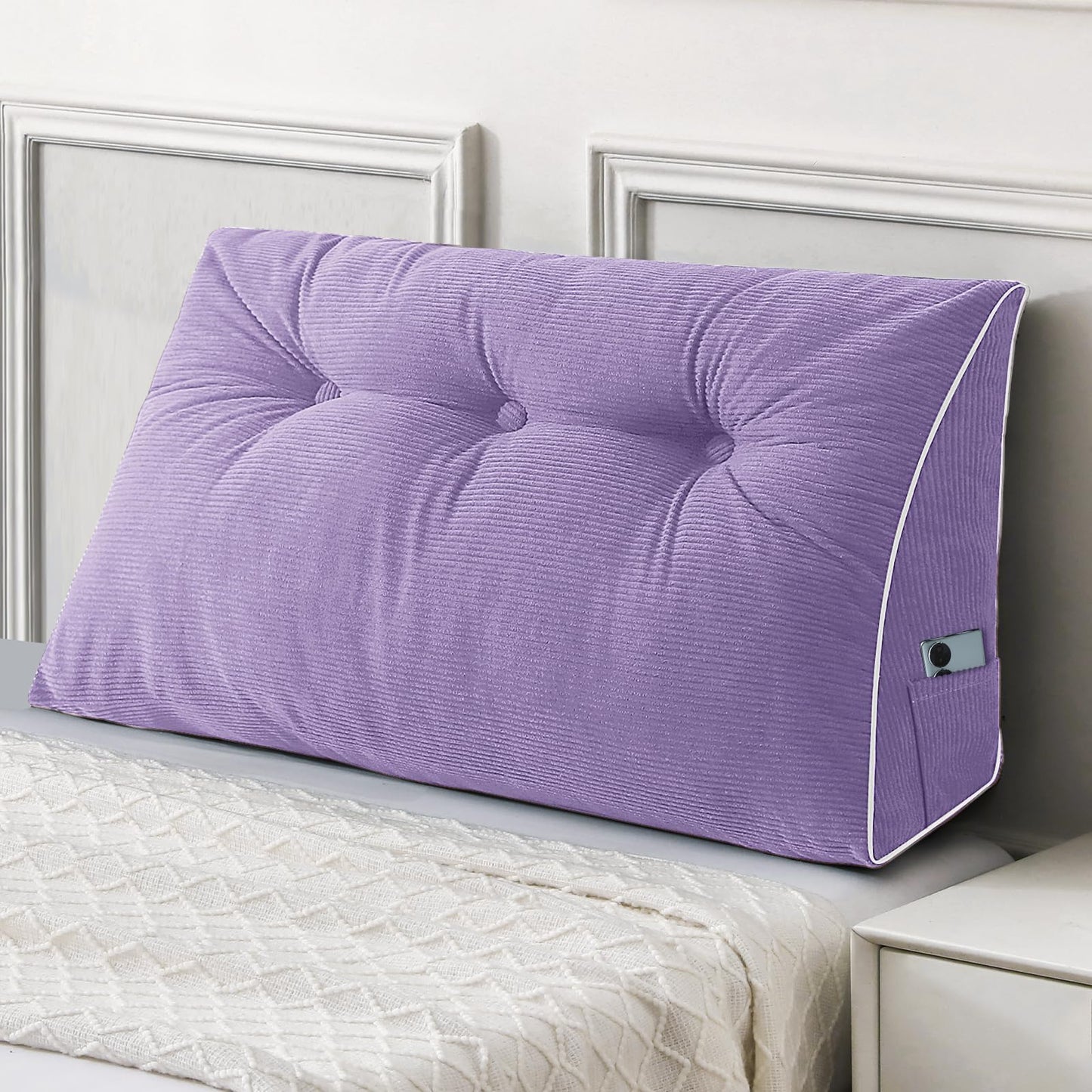 Bourkimi Queen Size Wedge Headboard Pillow Set with 2 Bolster Pillows, Velvet Back Support Reading Pillow with Removable Washable Cover