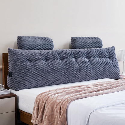 Bourkimi Queen Size Wedge Headboard Pillow Set with 2 Roll Pillows, Velvet Back Support Reading Pillow with Removable Washable Cover