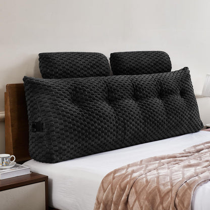 Bourkimi Queen Size Wedge Headboard Pillow Set with 2 Roll Pillows, Velvet Back Support Reading Pillow with Removable Washable Cover