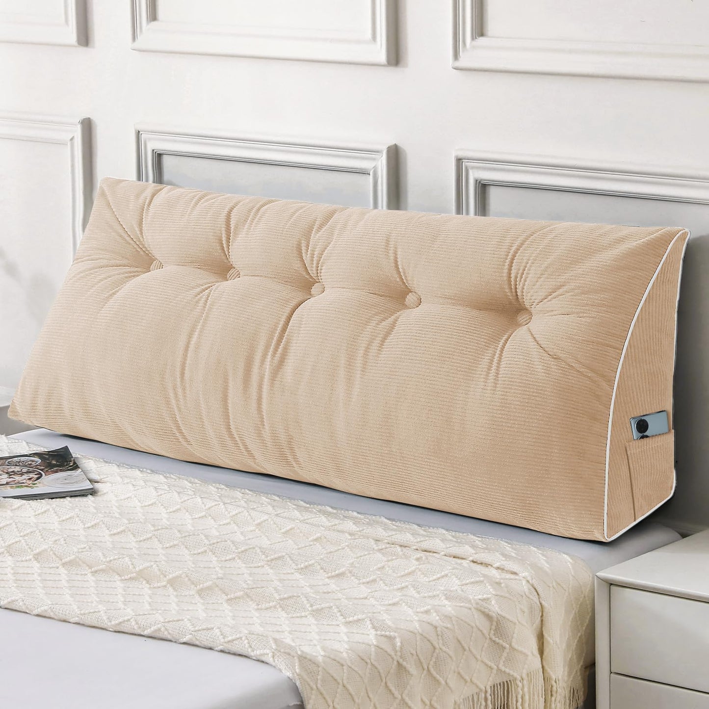 Bourkimi Queen Size Wedge Headboard Pillow Set with 2 Bolster Pillows, Velvet Back Support Reading Pillow with Removable Washable Cover