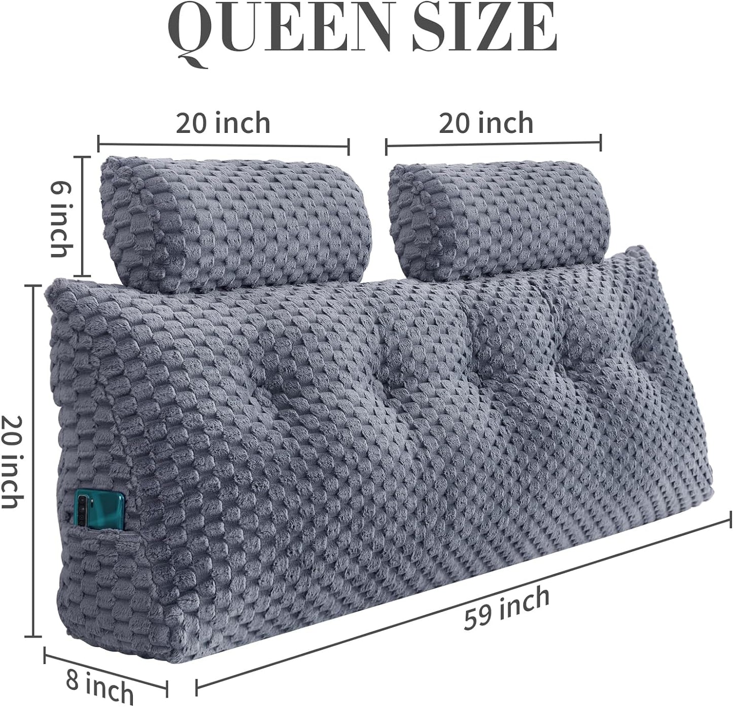 Bourkimi Queen Size Wedge Headboard Pillow Set with 2 Roll Pillows, Velvet Back Support Reading Pillow with Removable Washable Cover