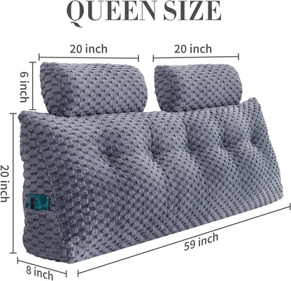 Bourkimi Queen Size Wedge Headboard Pillow Set with 2 Roll Pillows, Velvet Back Support Reading Pillow with Removable Washable Cover