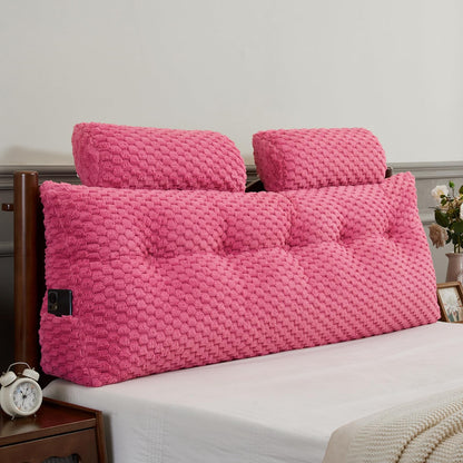 Bourkimi Queen Size Wedge Headboard Pillow Set with 2 Roll Pillows, Velvet Back Support Reading Pillow with Removable Washable Cover