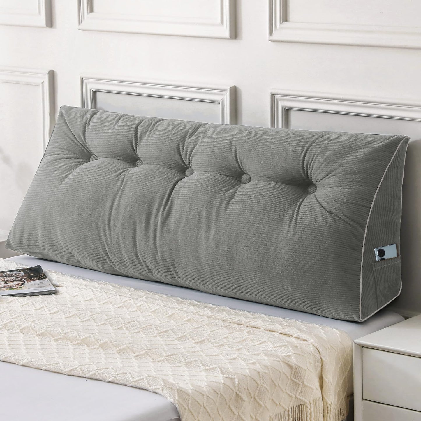 Bourkimi Queen Size Wedge Headboard Pillow Set with 2 Bolster Pillows, Velvet Back Support Reading Pillow with Removable Washable Cover