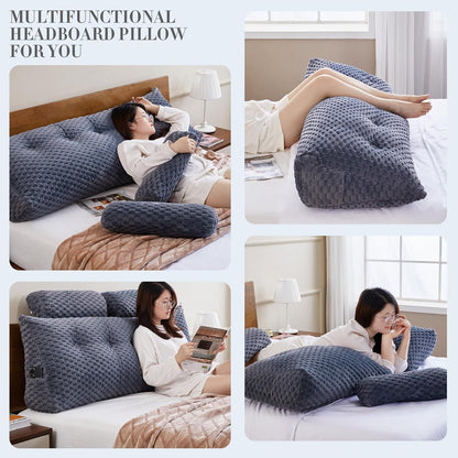 Bourkimi Queen Size Wedge Headboard Pillow Set with 2 Roll Pillows, Velvet Back Support Reading Pillow with Removable Washable Cover
