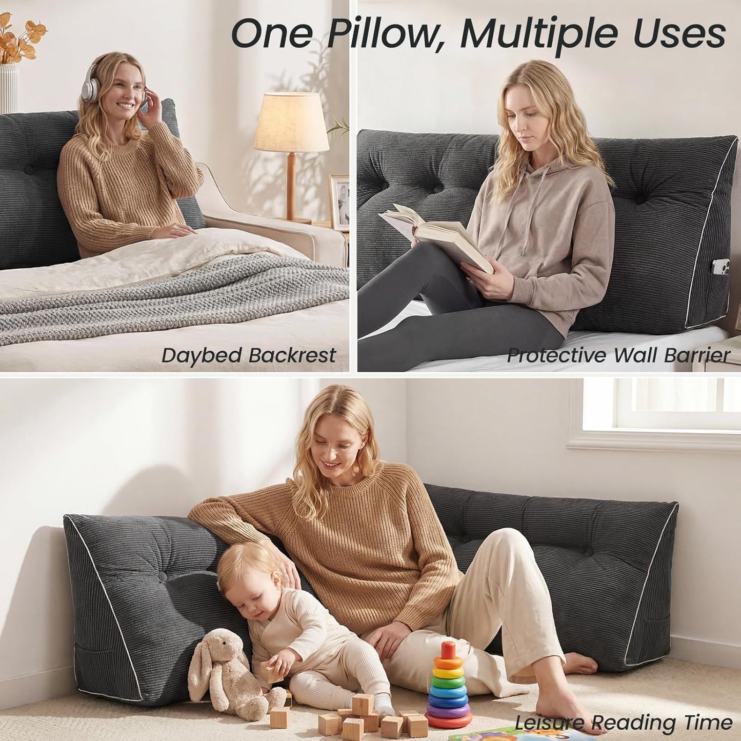 Bourkimi Queen Size Wedge Headboard Pillow Set with 2 Bolster Pillows, Velvet Back Support Reading Pillow with Removable Washable Cover