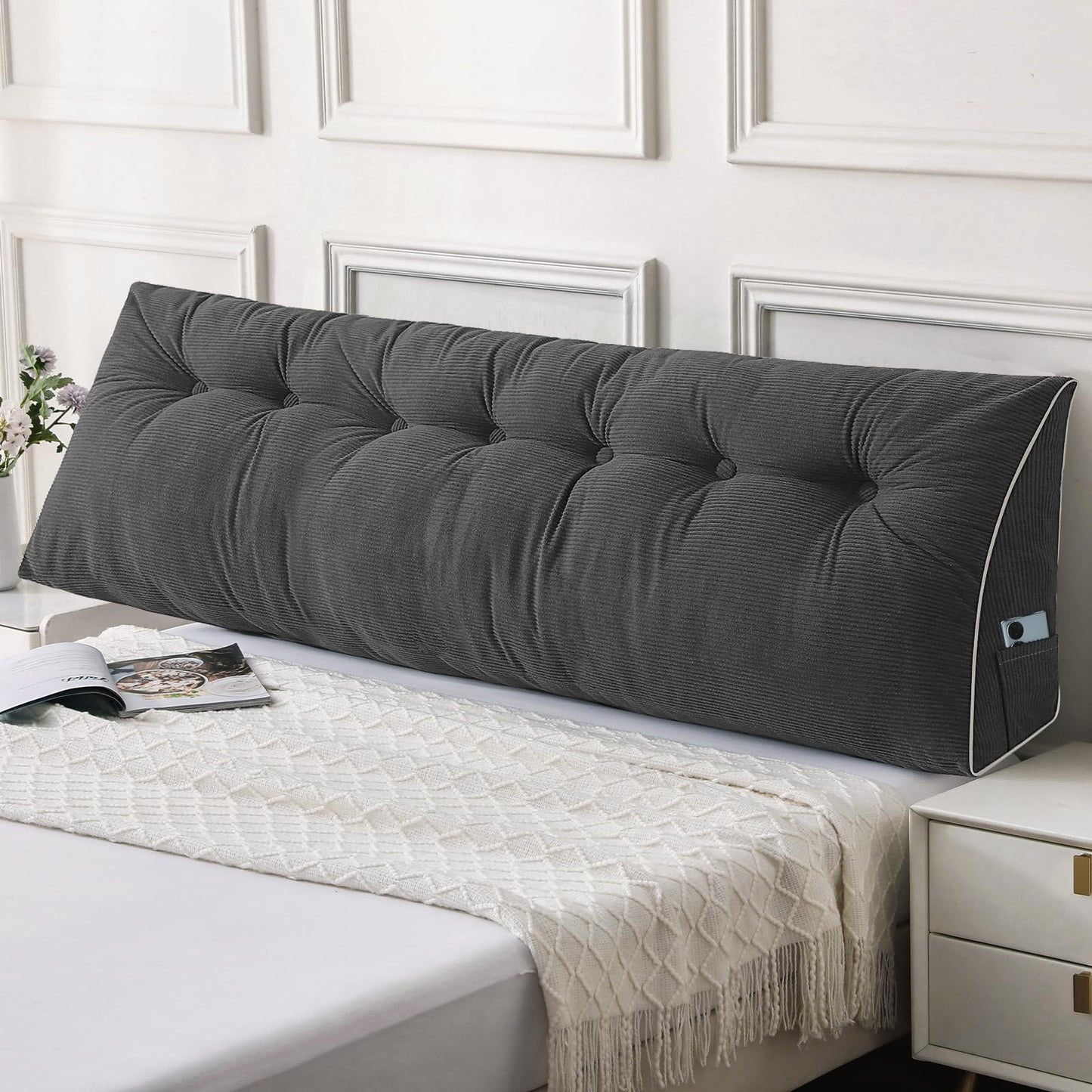 Bourkimi Queen Size Wedge Headboard Pillow Set with 2 Bolster Pillows, Velvet Back Support Reading Pillow with Removable Washable Cover