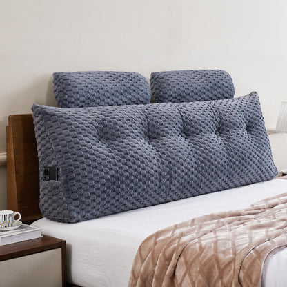 Bourkimi Queen Size Wedge Headboard Pillow Set with 2 Roll Pillows, Velvet Back Support Reading Pillow with Removable Washable Cover