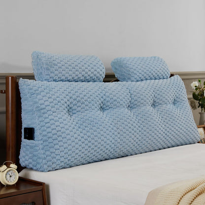 Bourkimi Queen Size Wedge Headboard Pillow Set with 2 Roll Pillows, Velvet Back Support Reading Pillow with Removable Washable Cover