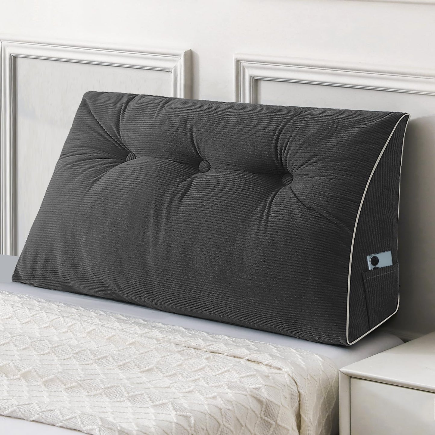 Bourkimi Queen Size Wedge Headboard Pillow Set with 2 Bolster Pillows, Velvet Back Support Reading Pillow with Removable Washable Cover