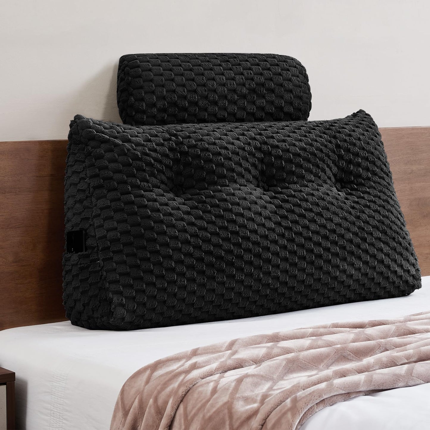 Bourkimi Queen Size Wedge Headboard Pillow Set with 2 Roll Pillows, Velvet Back Support Reading Pillow with Removable Washable Cover