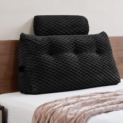 Bourkimi Queen Size Wedge Headboard Pillow Set with 2 Roll Pillows, Velvet Back Support Reading Pillow with Removable Washable Cover