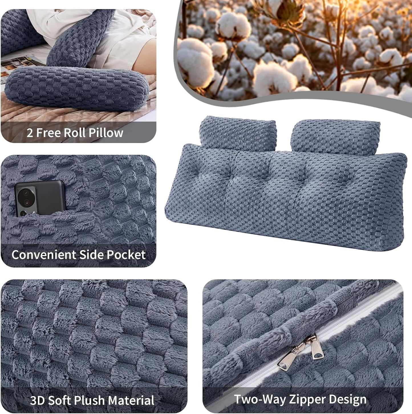 Bourkimi Queen Size Wedge Headboard Pillow Set with 2 Roll Pillows, Velvet Back Support Reading Pillow with Removable Washable Cover