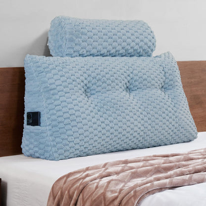 Bourkimi Queen Size Wedge Headboard Pillow Set with 2 Roll Pillows, Velvet Back Support Reading Pillow with Removable Washable Cover