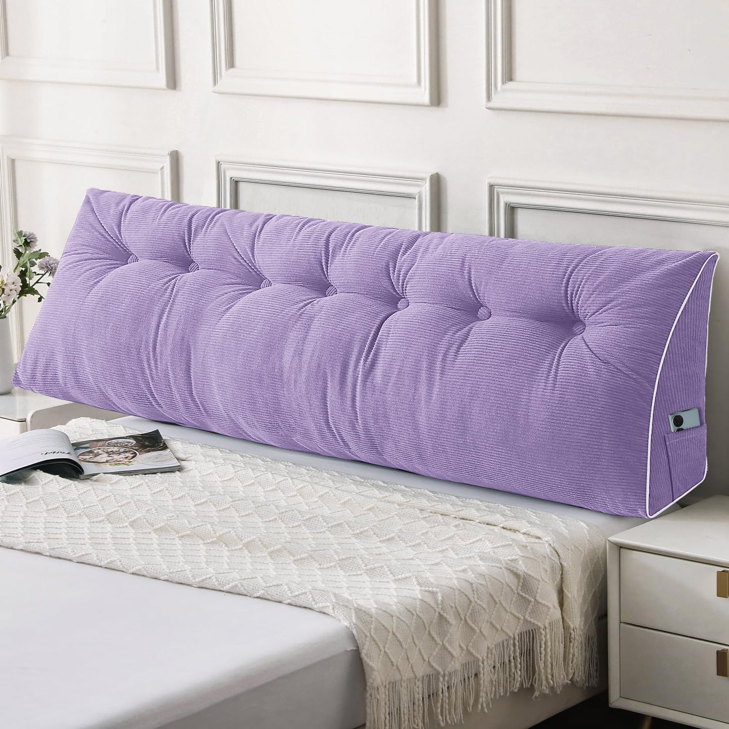 Bourkimi Queen Size Wedge Headboard Pillow Set with 2 Bolster Pillows, Velvet Back Support Reading Pillow with Removable Washable Cover